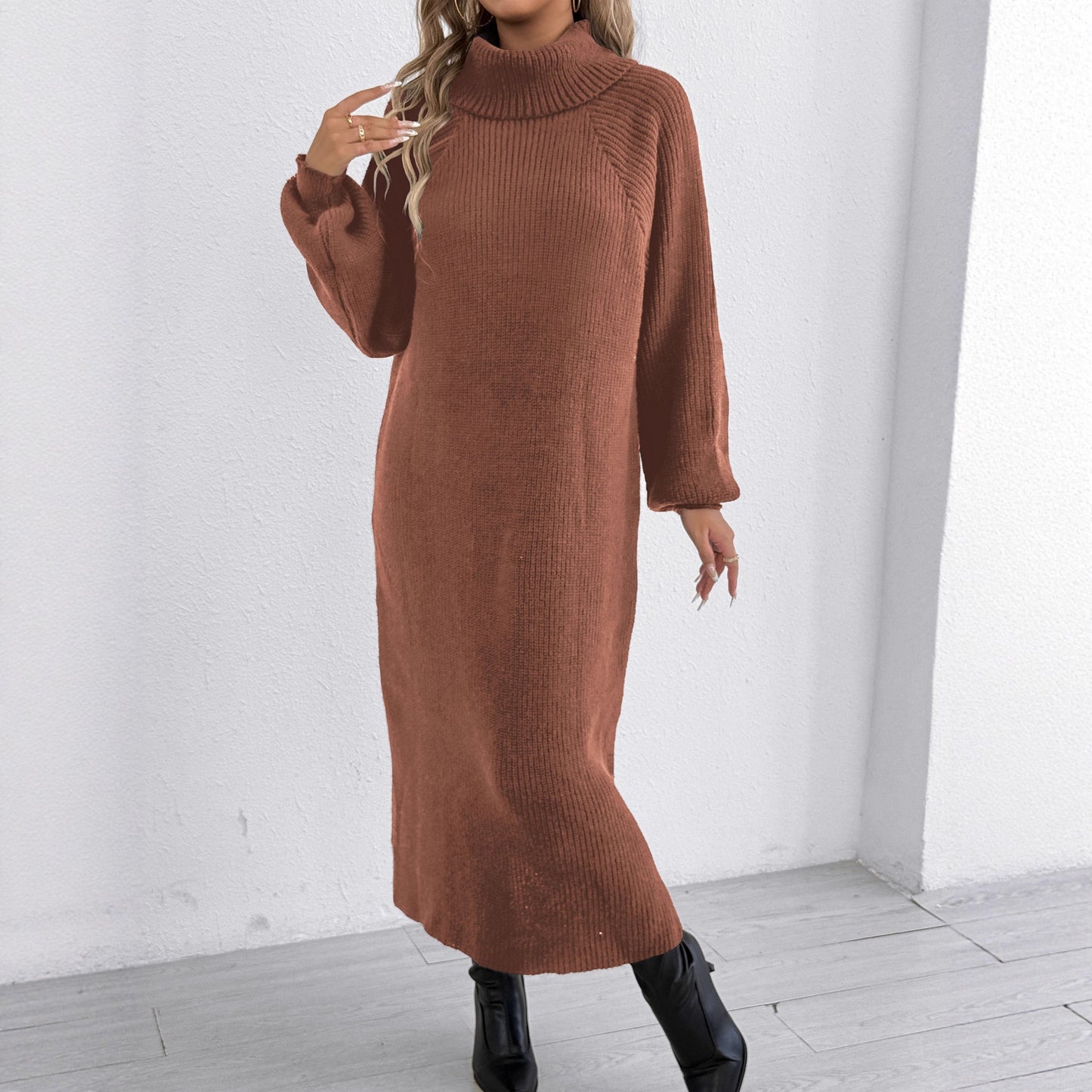 Lady's Dress Women's Clothing Loose Casual Long Dress High Neck Turn-down Collar Sweater Dress Without Belt