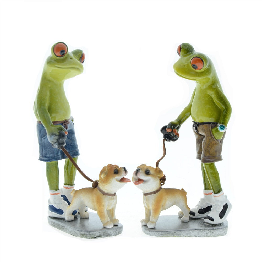 Home Furnishing Brothers Walk Dogs Together Frog Resin