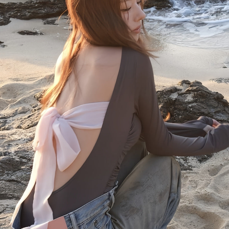 One Obvious Simple Long Sleeve Backless Bow Detail Slim Fit Swimwear