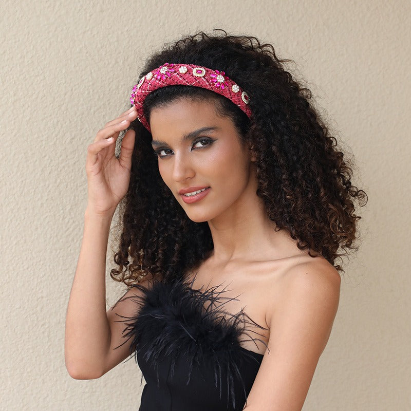 Fashionable fabric wide edge washbasin headband with diamond inlay