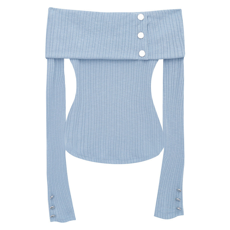 One shoulder off shoulder knit top with side buttons