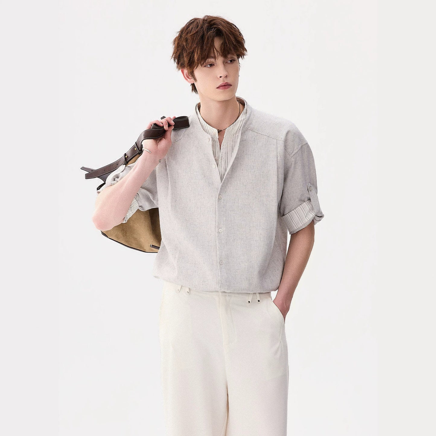 Two-Piece Stand Collar Short Sleeve Shirt for Men