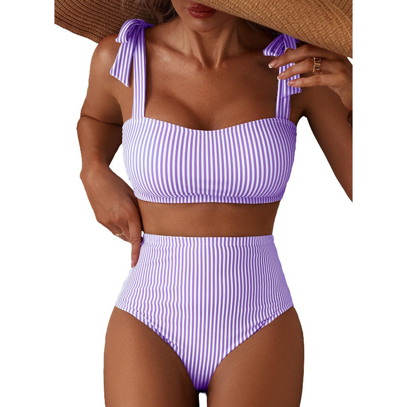 Women's Striped Bikini Set with Tie-Shoulder Design, High-Waisted Two-Piece Swimsuit