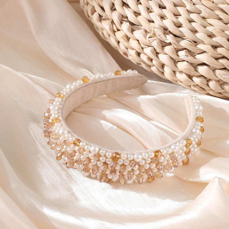 Fashionable pearl hair band for washing face, wide brimmed crystal sponge headband for women
