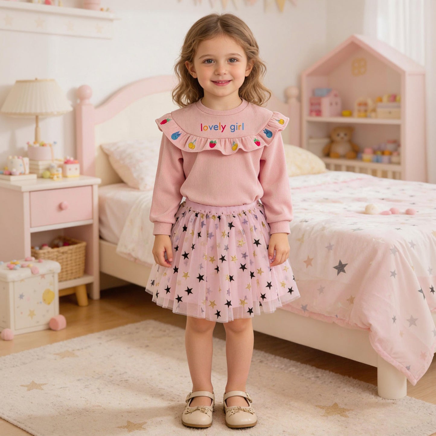 New Women's Children's Fashion Casual  Embroidered Ruffle Round Neck Flower Hoodie and Skirt Set
