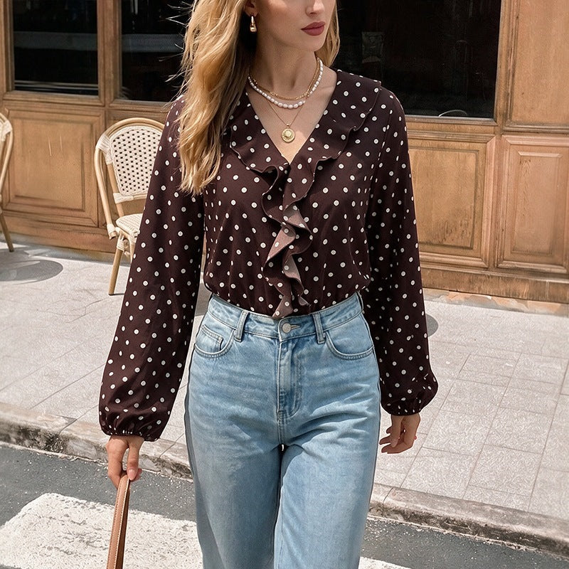 V-neck polka dot long sleeved jumpsuit