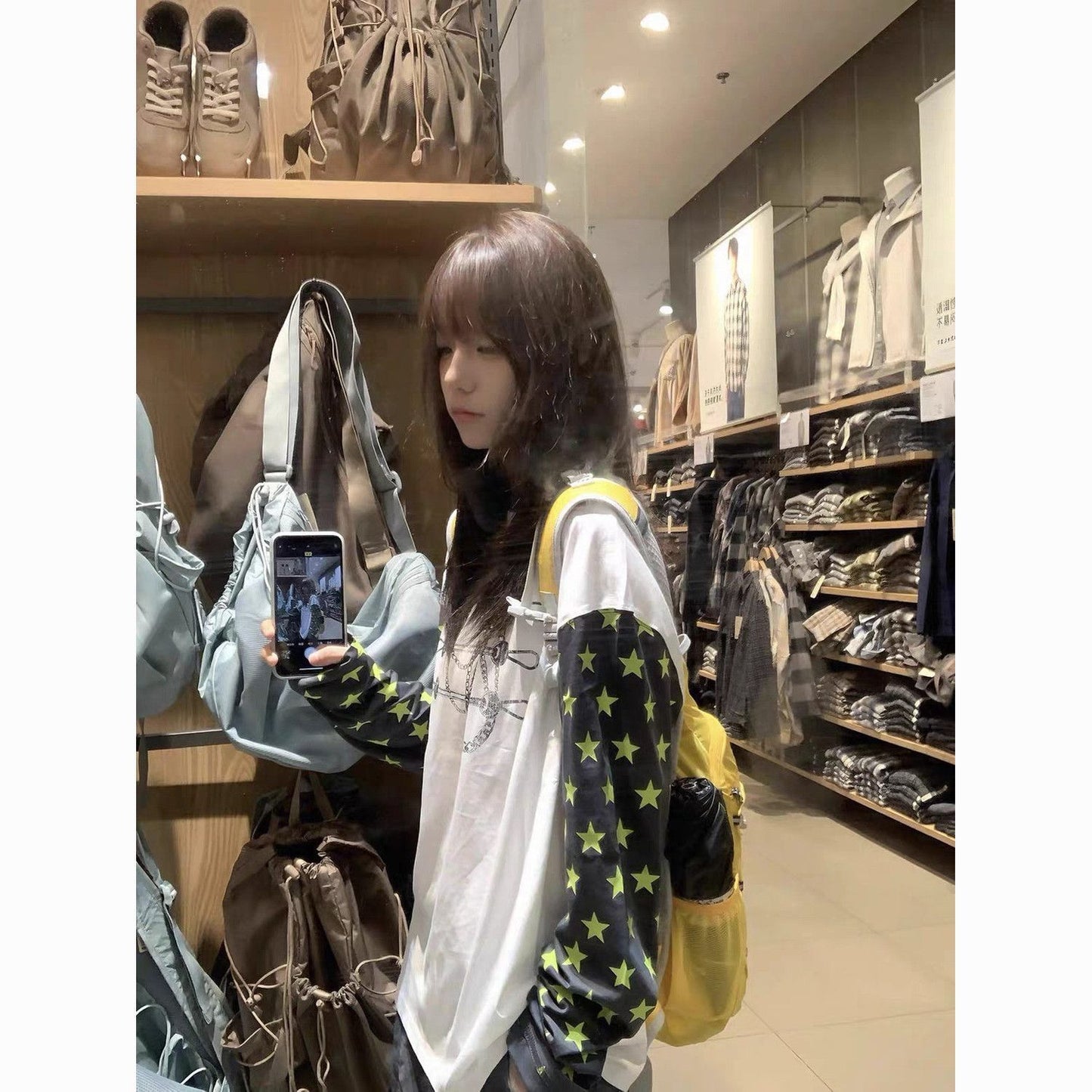 Star Pattern Color-block Print Long Sleeve T-shirt Women