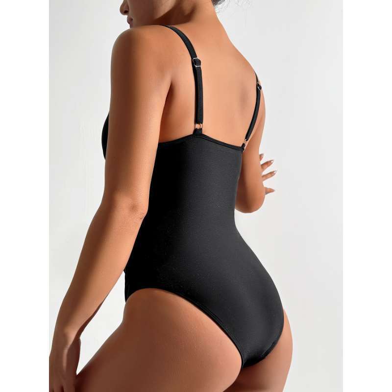 Deep V-mesh splicing one-piece swimsuit