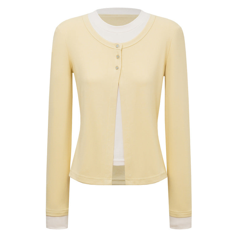 Color blocking fake two-piece long sleeved top