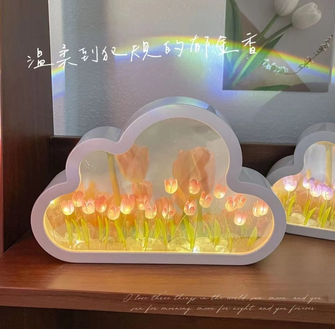 DIY Cloud Tulip LED Night Light Girl Bedroom Ornaments Creative Photo Frame Mirrored Table Lamps Bedside Handmade Birthday Gifts