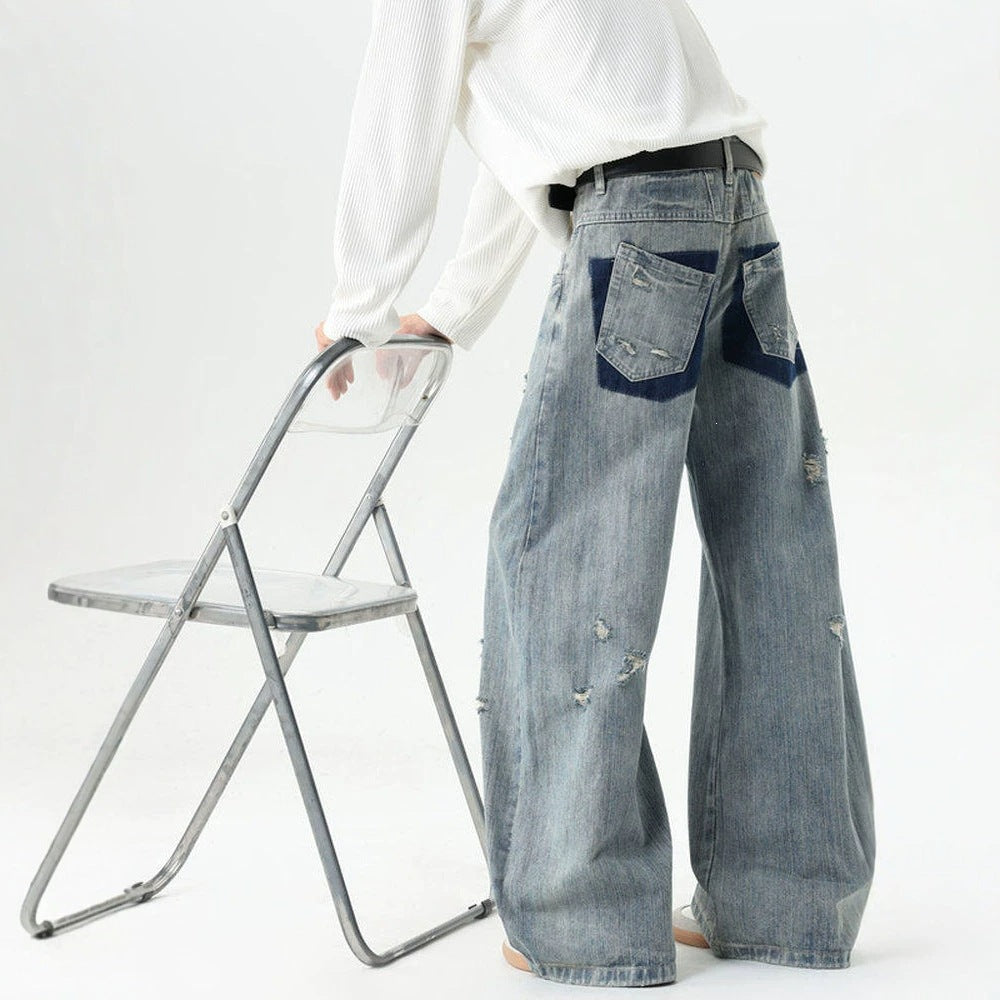 Bamboo Texture Distressed Washed Straight Leg Oversized Tapered Jeans