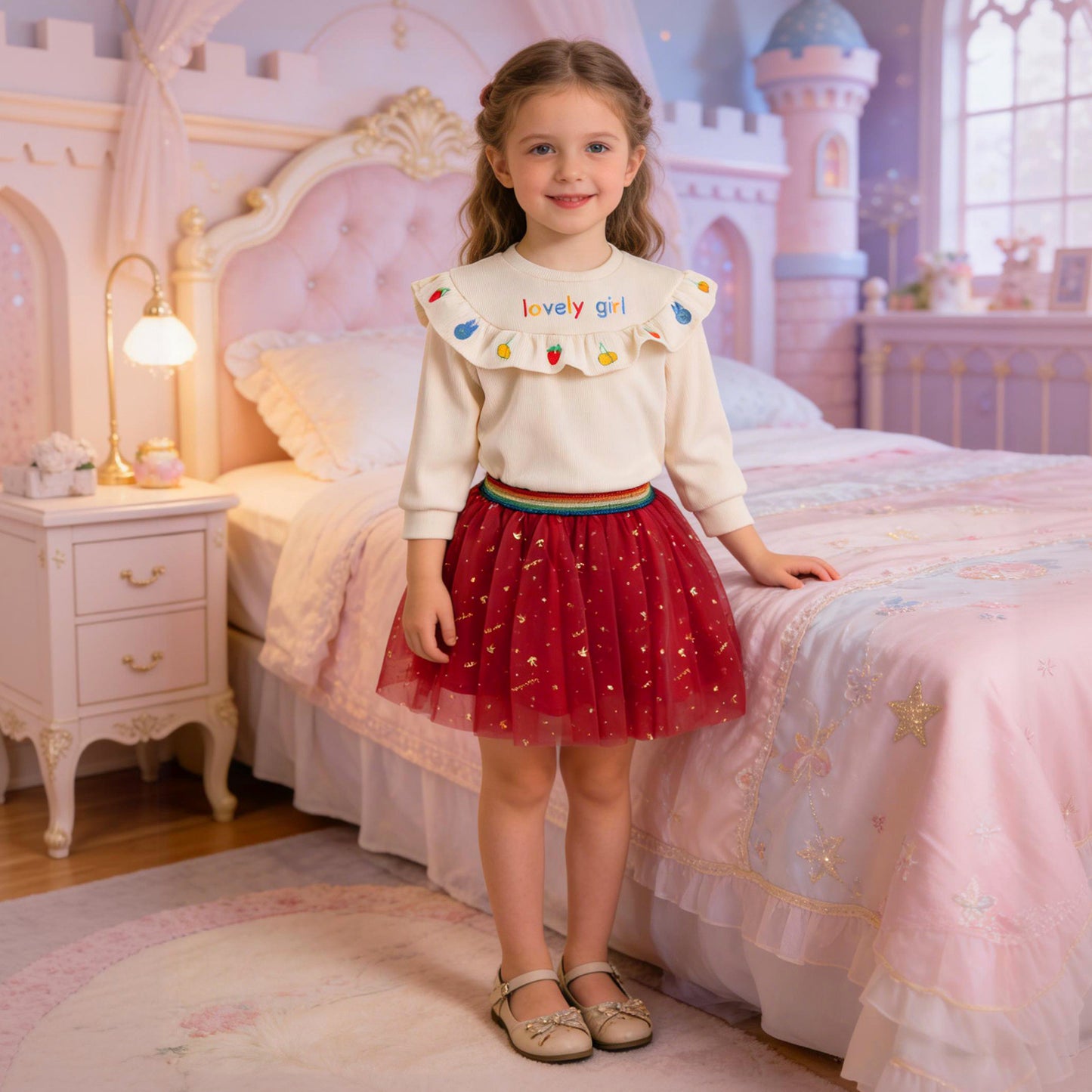 Autumn/Winter Korean-Style Girls' Round Neck Pleated Lace Trim Embroidered Hoodie and Skirt Two-Piece Set Fashion