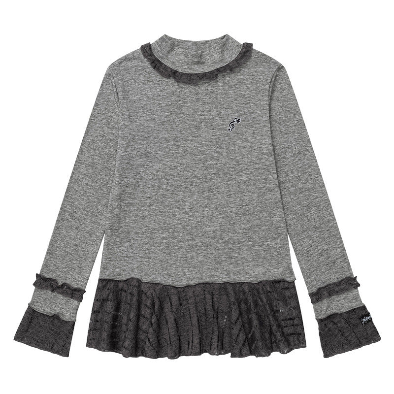 Grey fungus edge semi high neck long sleeved top for women