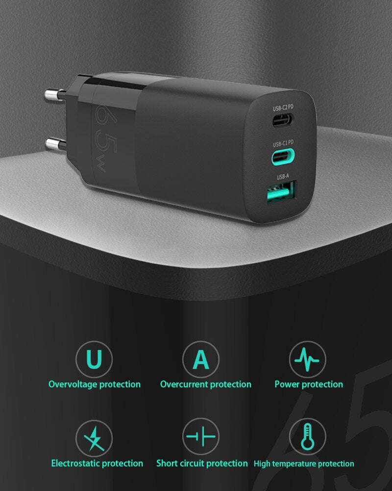 Vilips GAN 65W USB C Charger Quick Charge QC4.0 QC PD3.0 Type C Fast USB Charger For Macbook Pro iPhone Samsung Huawei