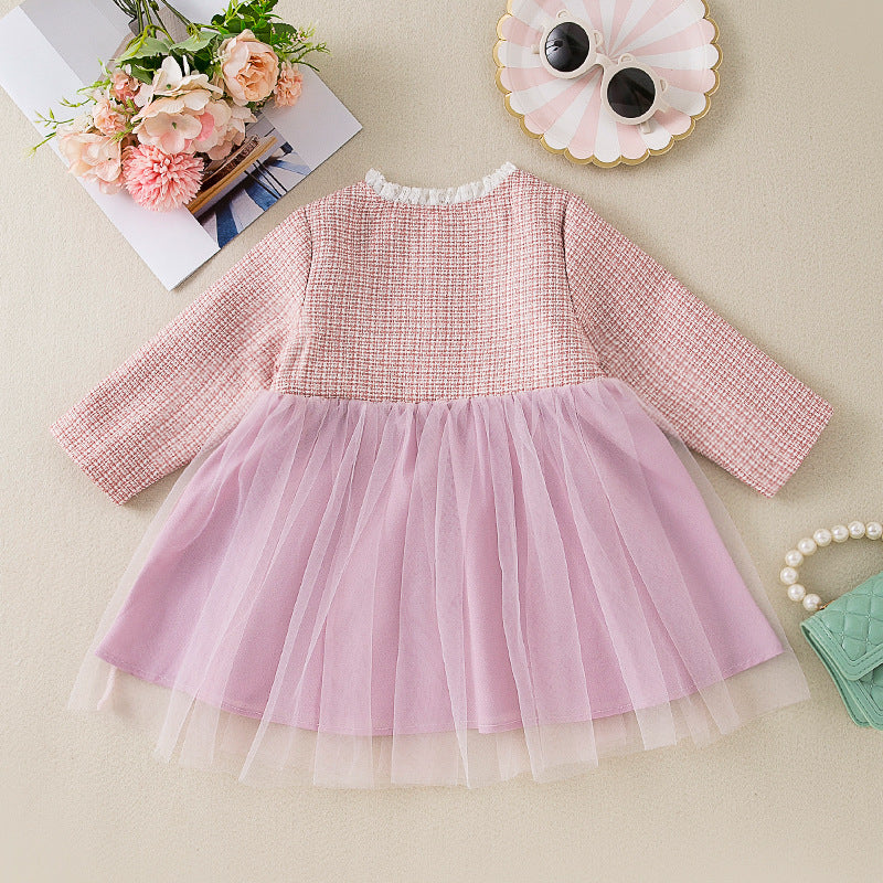 Exclusive Autumn/Winter  New Lace Collar Pink Tulle Dress Chic Style Girl's Dress