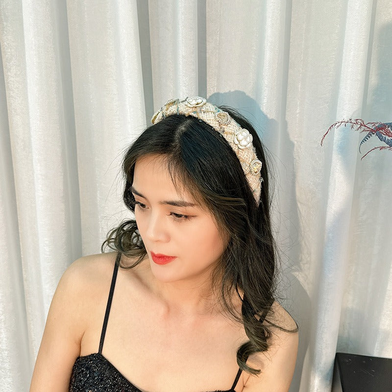 Fashionable Fabric Love Flower Pearl Super Sparkling Diamond Set Hair Hoop