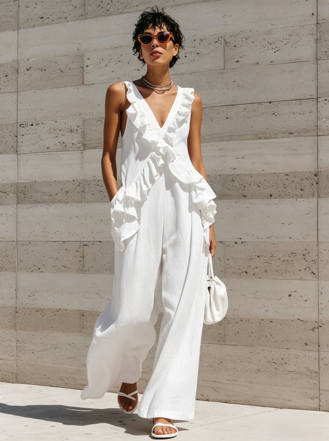 Casual Vacation Style Women's Sleeveless V-Neck Solid Color Jumpsuit