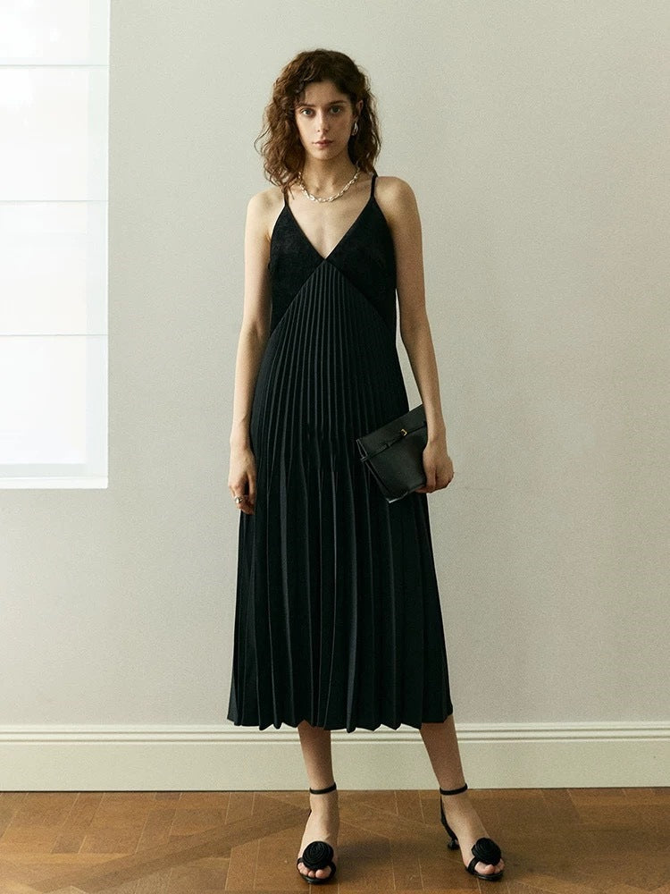French velvet patchwork pleated V-neck camisole dress for slimming women