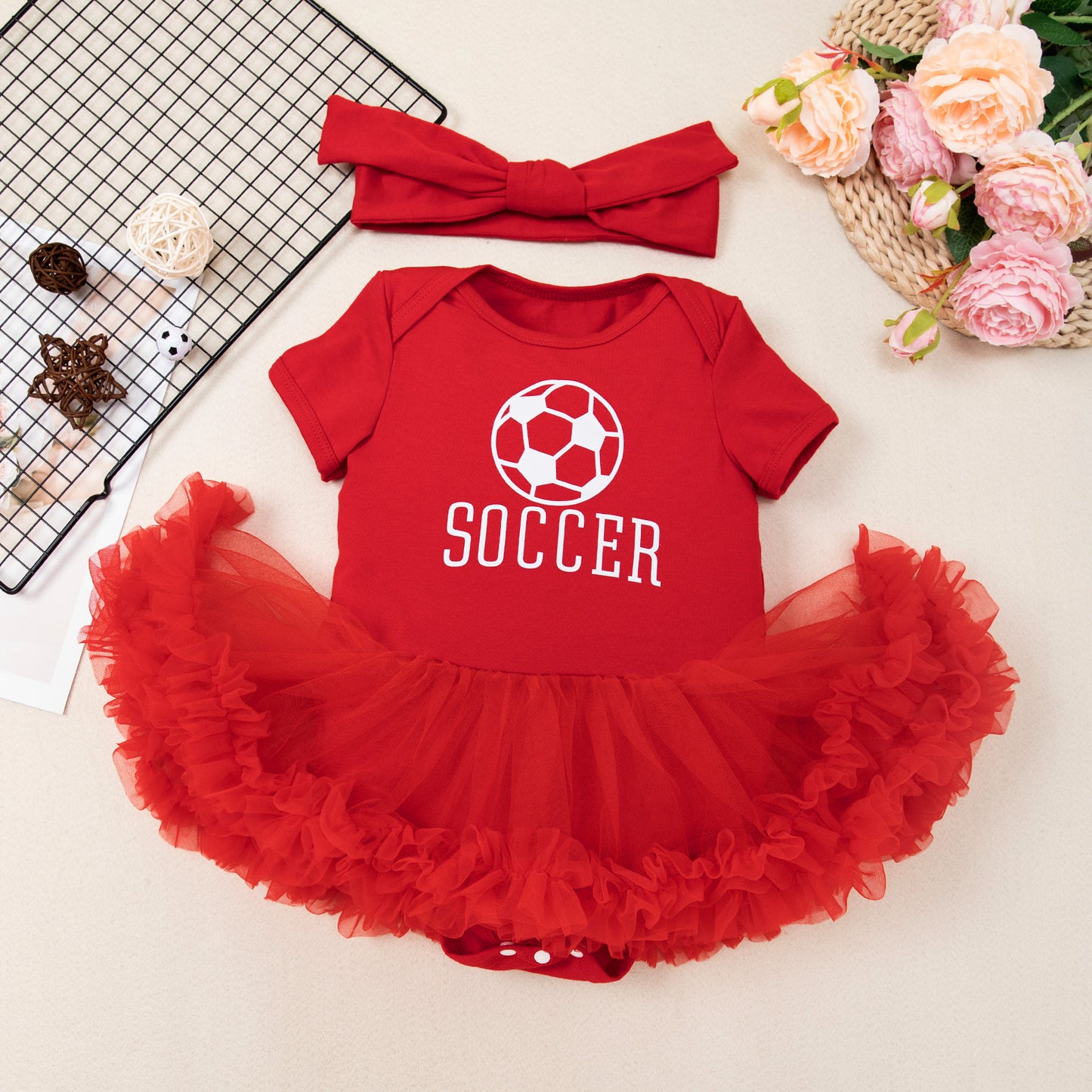Cute Baby Girls' Football Print Romper Dress with Accessories Set for Festival and Party Outfit