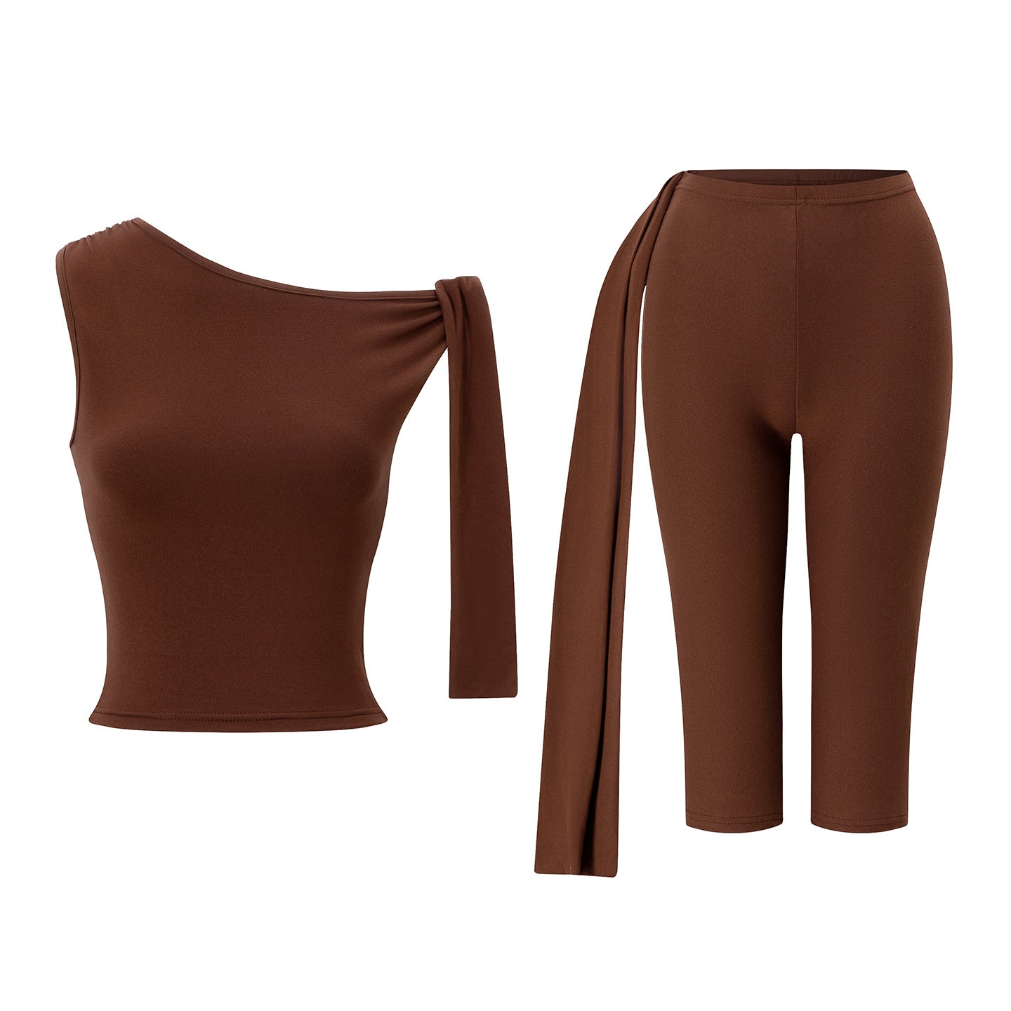 Slant neck solid color sleeveless top slim fit lace up shorts set