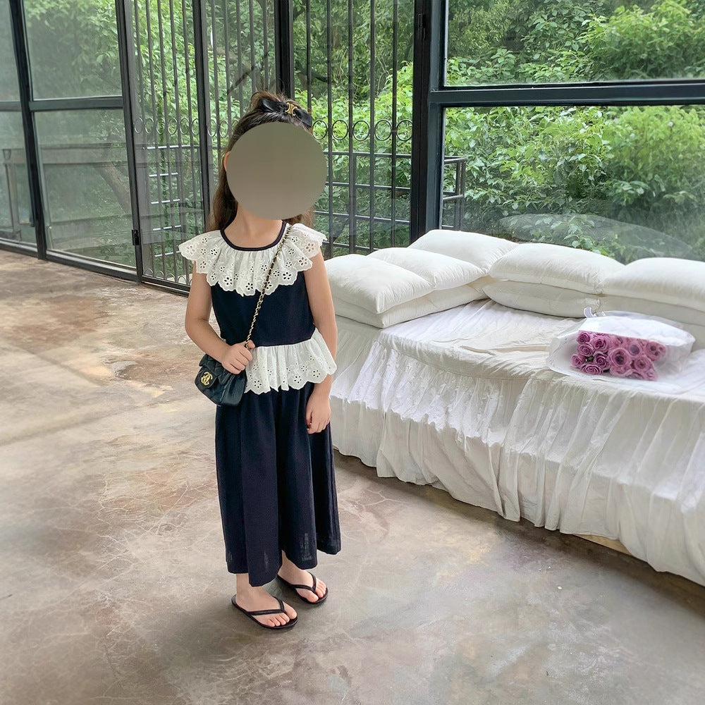 Girls' Set Summer New Round Neck Lace Top + Casual 9/10 Pants Two-Piece Set for Kids