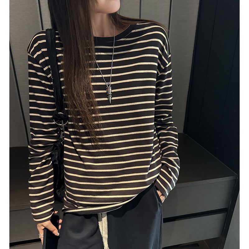 Striped cotton long sleeve T-shirt for women, loose casual high-end feel, round neck, lazy style, inner layer, can be worn outside