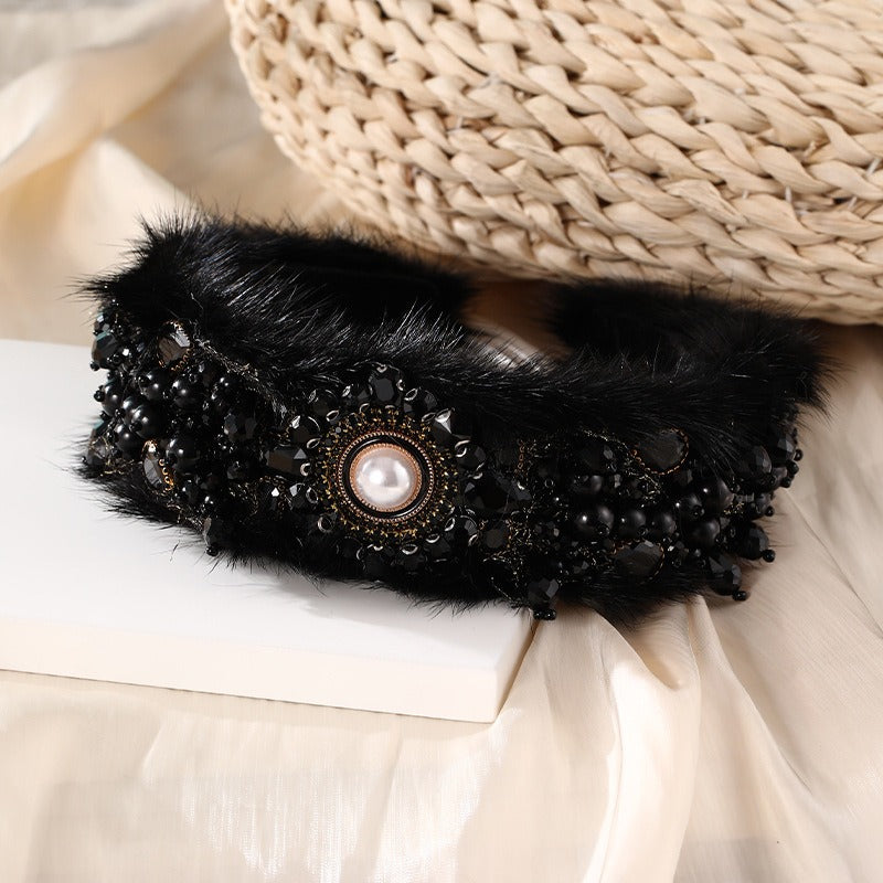 Fashionable mink velvet handmade pearl crystal thickened hair hoop
