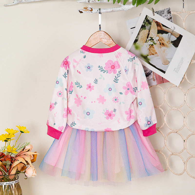 Cute Printed Long Sleeve Hoodie and Skirt Set for GirlsSpring and Autumn Fashion