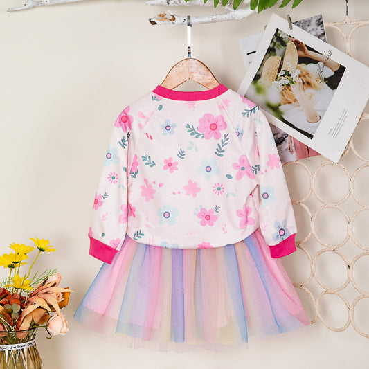 Cute Printed Long Sleeve Hoodie and Skirt Set for GirlsSpring and Autumn Fashion