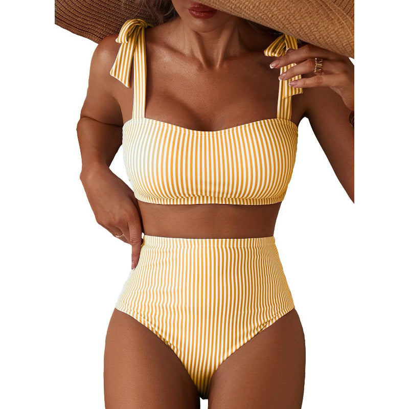 Women's Striped Bikini Set with Tie-Shoulder Design, High-Waisted Two-Piece Swimsuit