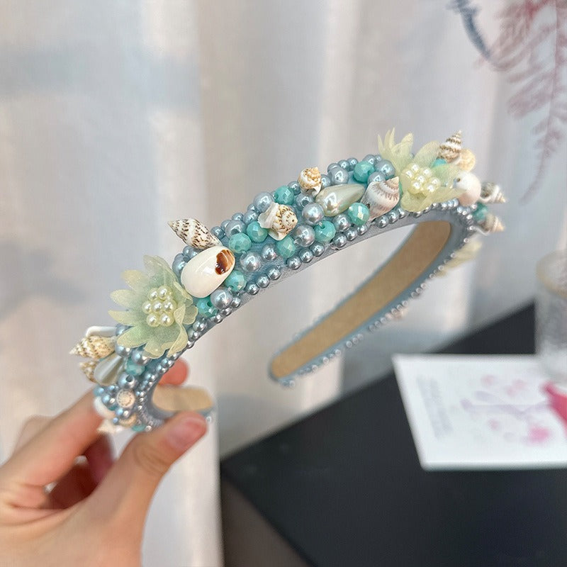 Hand sewn crystal shell headband for pearl hair accessories