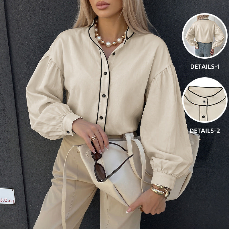 Stand up collar contrasting lantern sleeve shirt