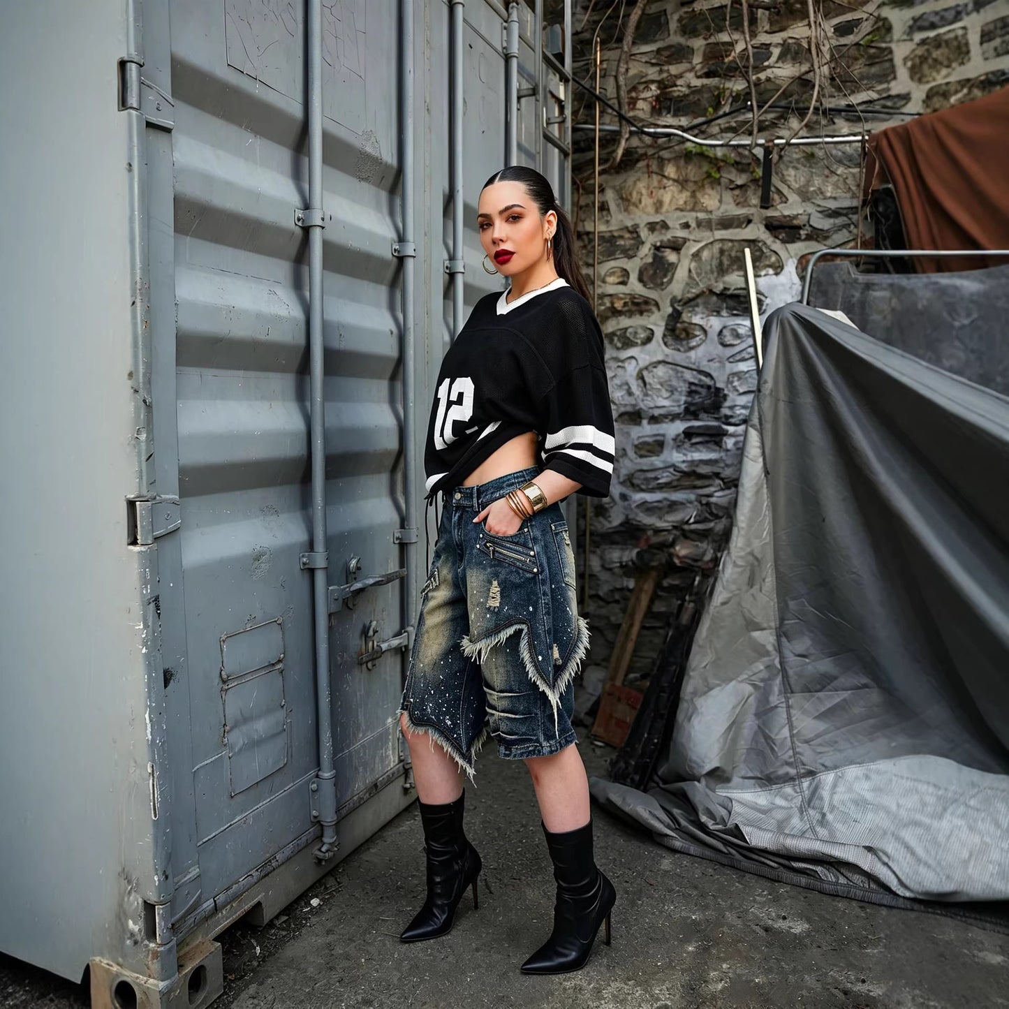 Street Style Asymmetric Frayed Hem Five-Pocket Denim Shorts