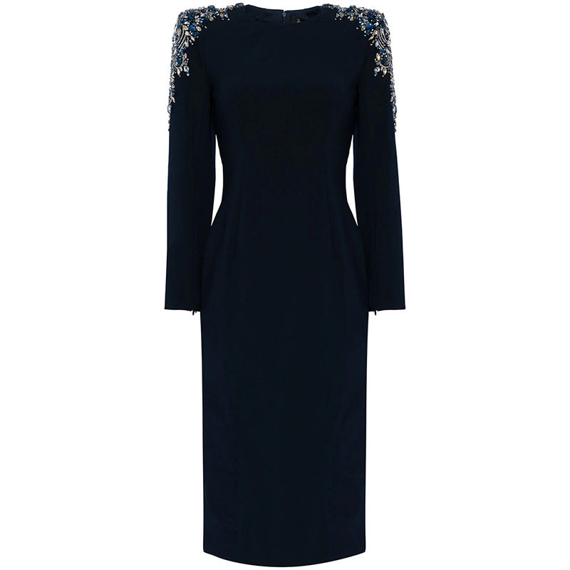 European and American celebrity fashion heavy industry nail bead studded diamond long sleeved mid length dress