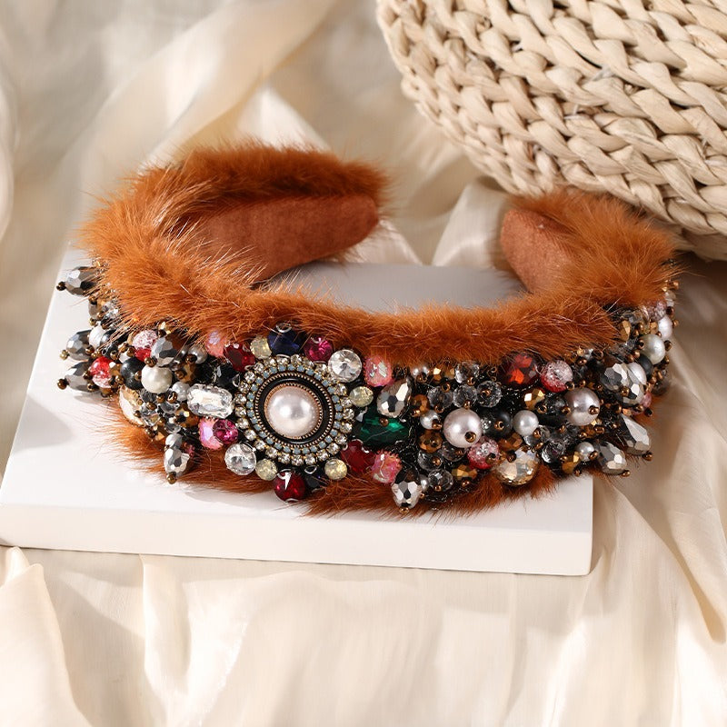 Fashionable mink velvet handmade pearl crystal thickened hair hoop