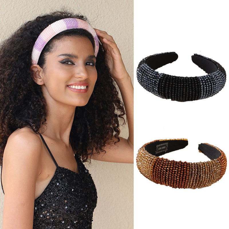 Fashionable beaded sewing with multi-color crystal gold velvet fabric wide edge sponge headband