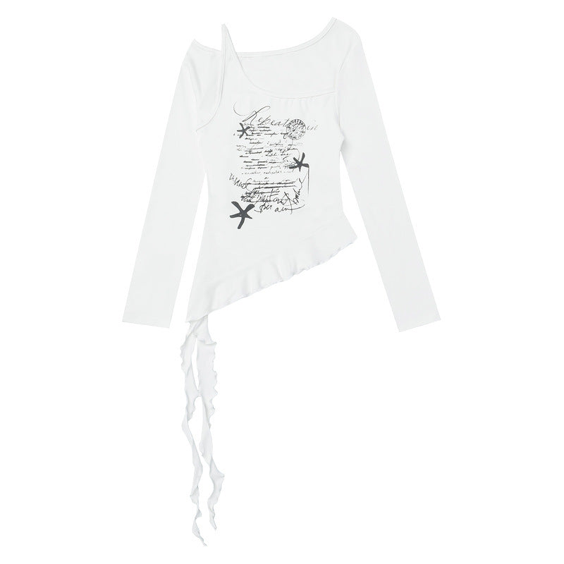 Irregular ribbon hem slanted collar long sleeved t-shirt for women