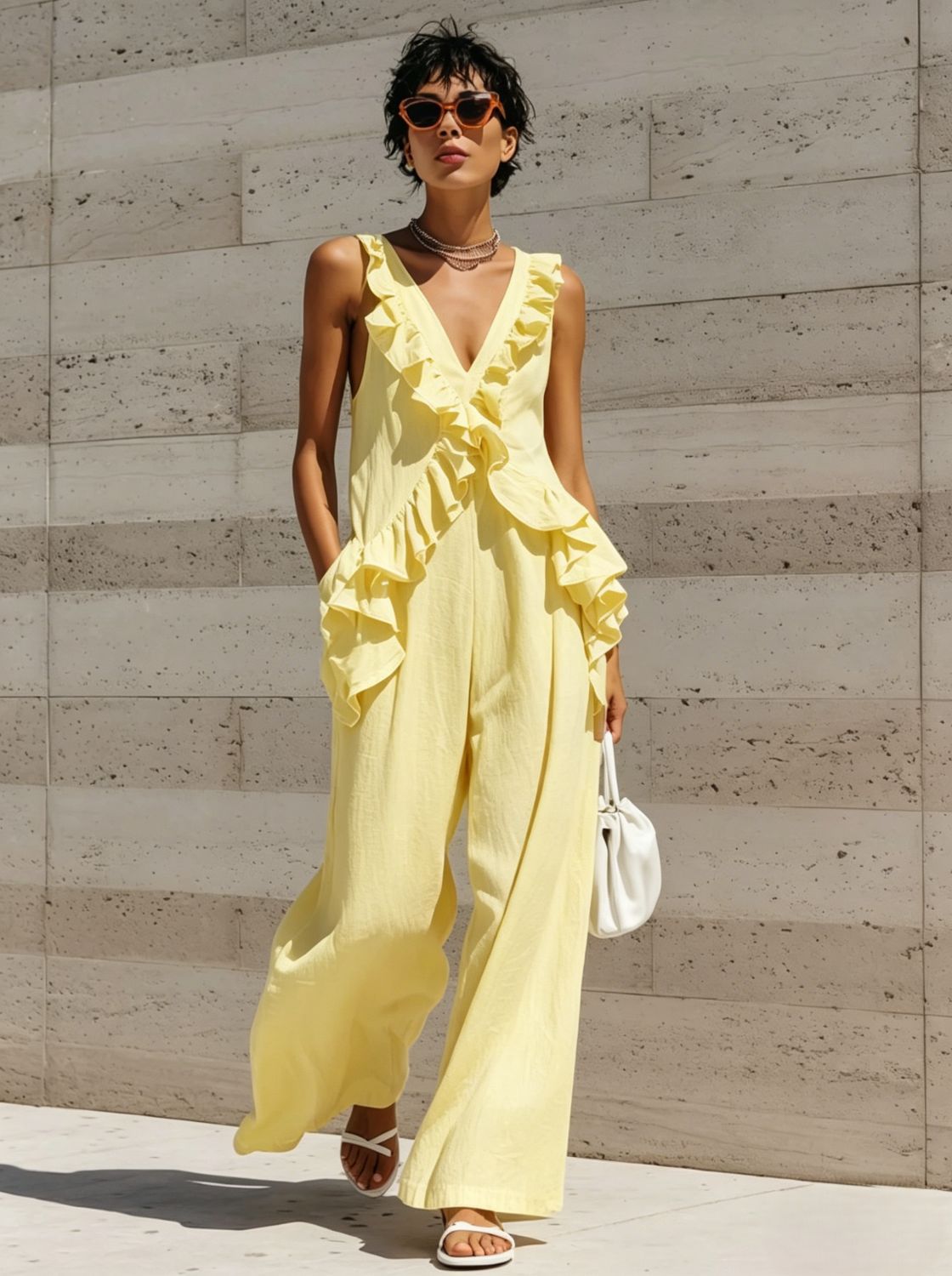 Casual Vacation Style Women's Sleeveless V-Neck Solid Color Jumpsuit