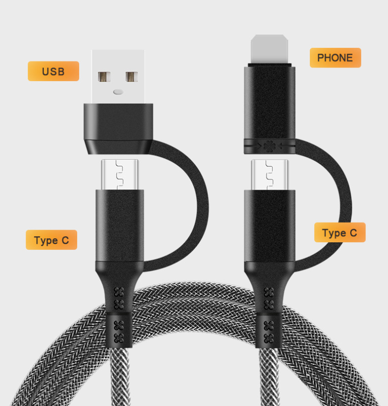 Four in one braided data cable PD60W fast charging cable suitable for Apple and Huawei phone Type-C flash charging cable