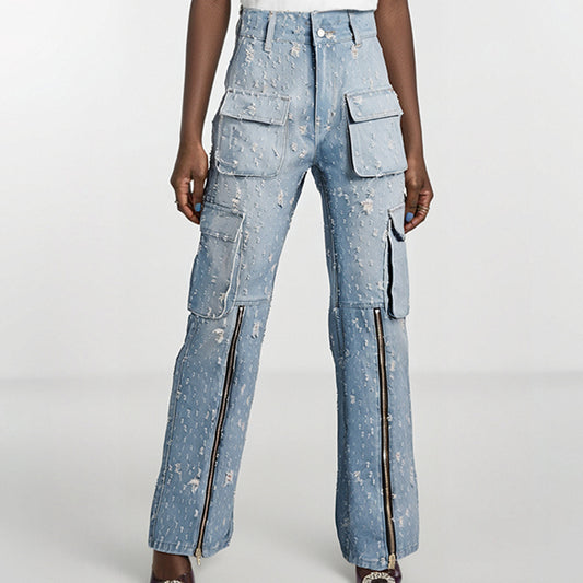 Autumn trend design blue ripped distressed multi-pocket high waist long jeans overalls