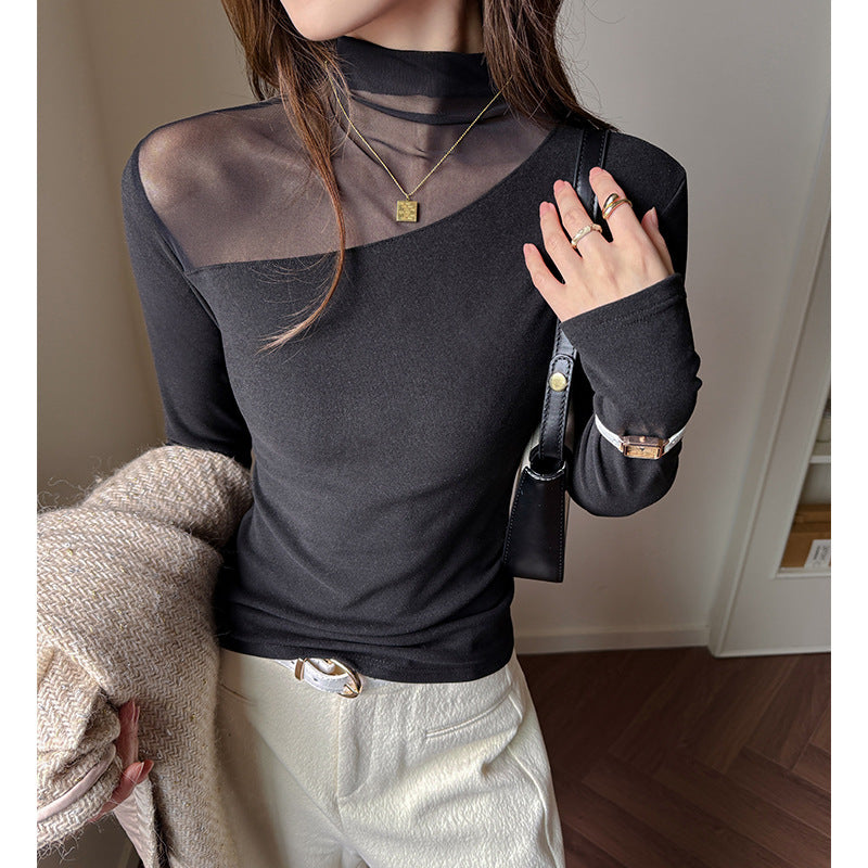 Chic High Neck Women's Long Sleeve T-Shirt with Mesh Splicing Lightweight Inner Layer Top