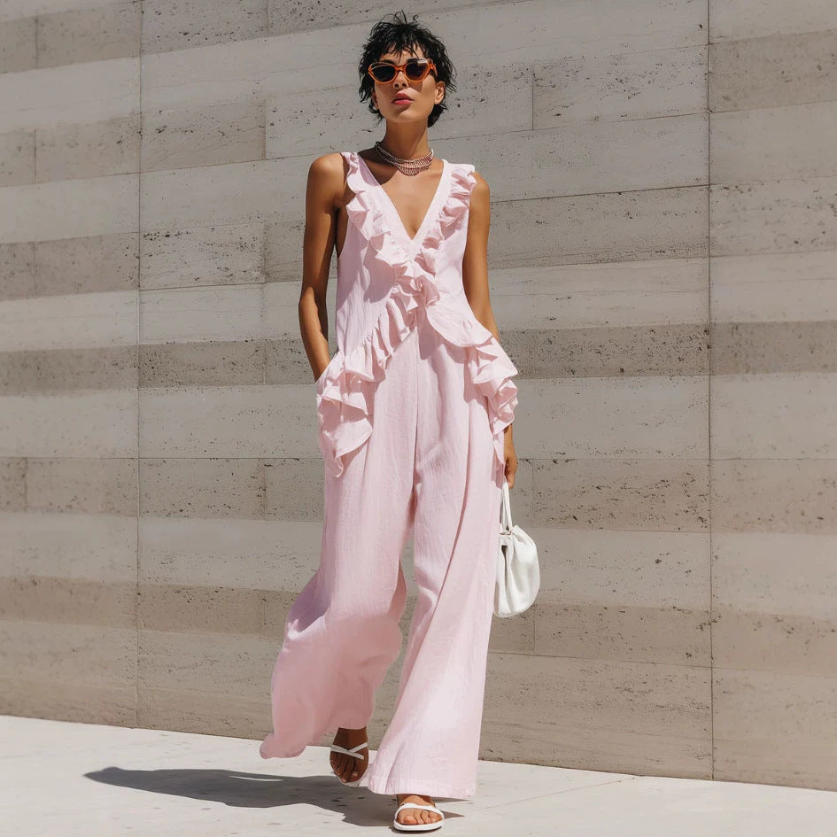 Casual Vacation Style Women's Sleeveless V-Neck Solid Color Jumpsuit
