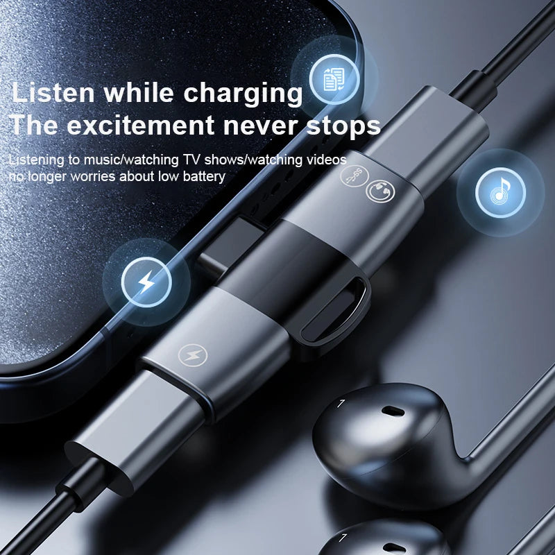 OTG USB Type C Splitter to Double Type C Jack AUX Audio Headphone Adapter PD15W Charging for iPhone 15 Samsung Xiaomi MacBook