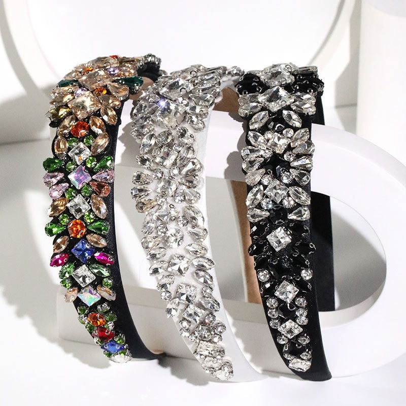 Fashionable Heavy Industry Set Colorful Water Diamond Hair Hoops for Women's Retro Palace Style Super Sparkling Baroque Wide Edg