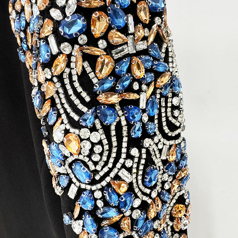 European and American celebrity fashion heavy industry nail bead studded diamond long sleeved mid length dress