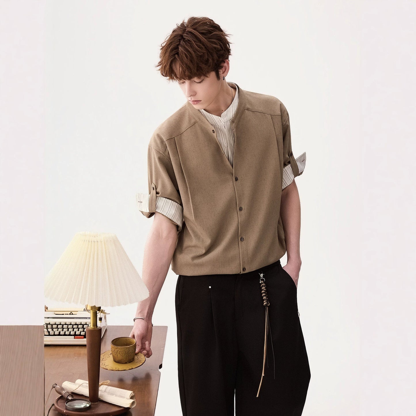Two-Piece Stand Collar Short Sleeve Shirt for Men