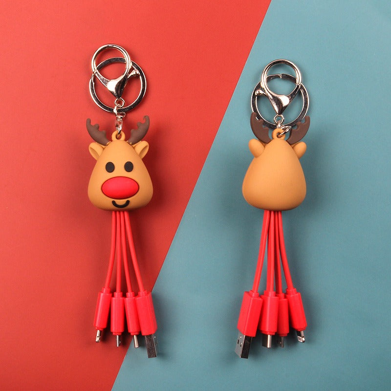 Christmas 3-in-1 Data Cable Creative Cartoon Multi functional Portable Keychain Santa Charging Cable
