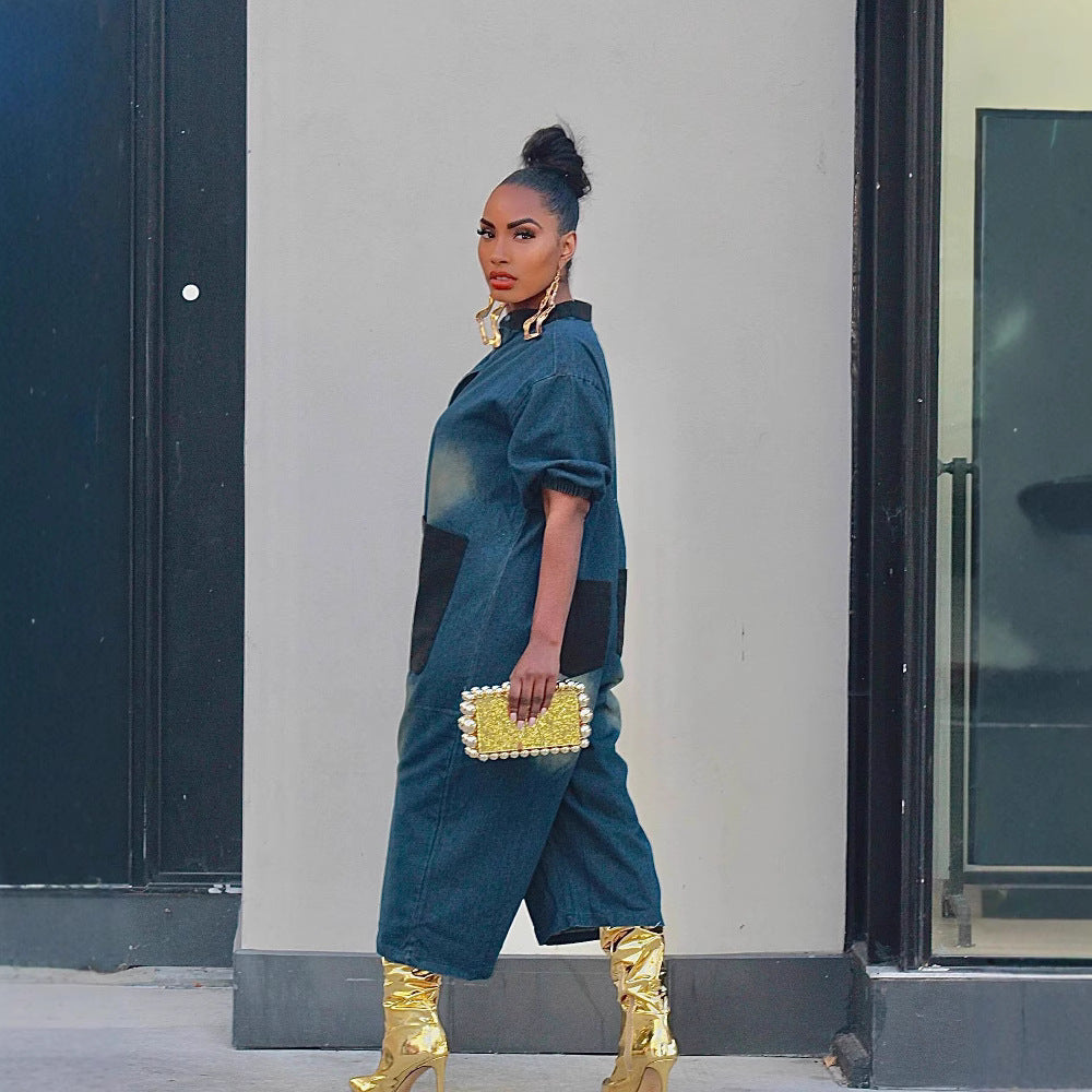 Style Patchwork Color-Blocking Large Pocket Wide-Leg Jumpsuit