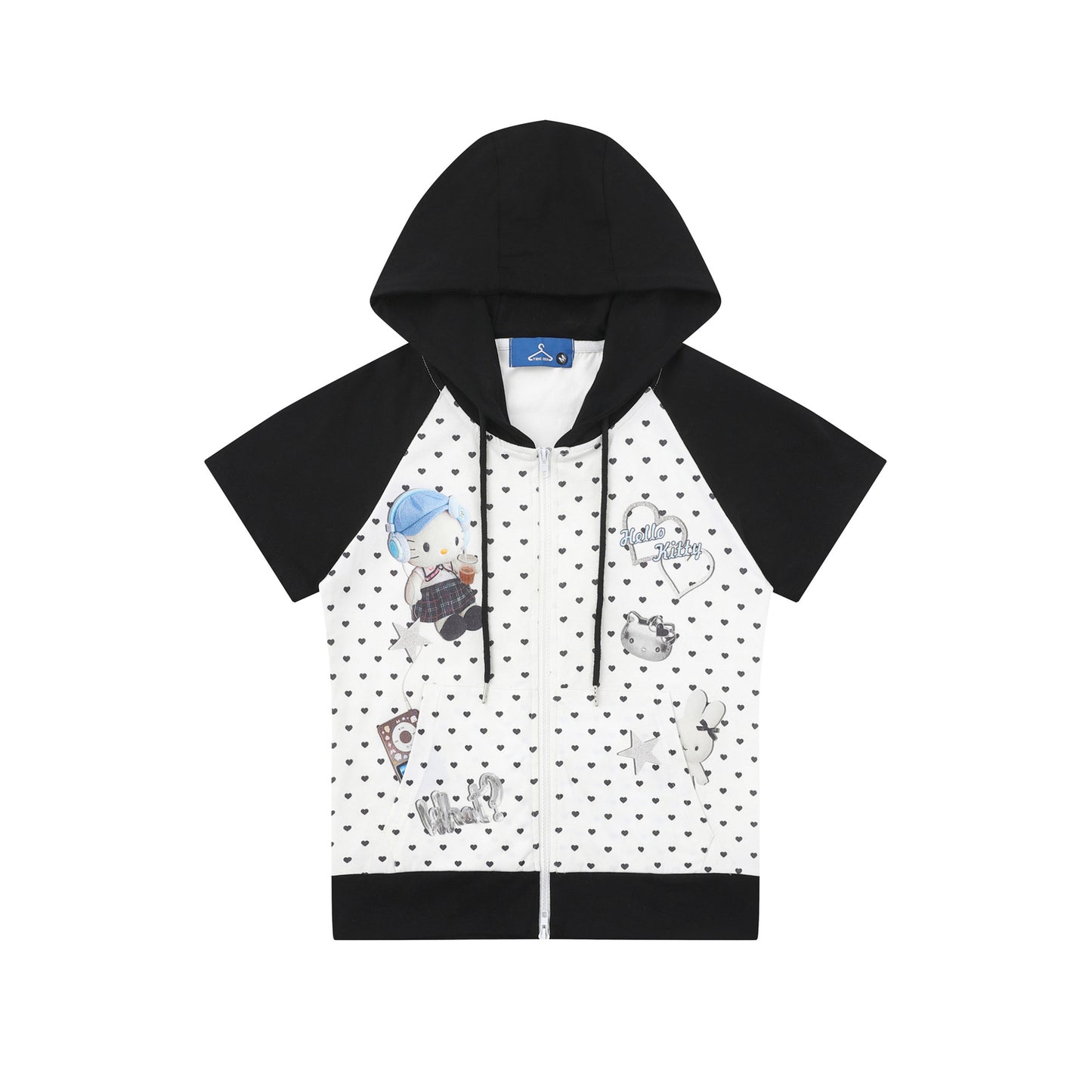 Casual Loose Round Neck Short Sleeve Cartoon KT Cat Print Hooded T-Shirt for Women