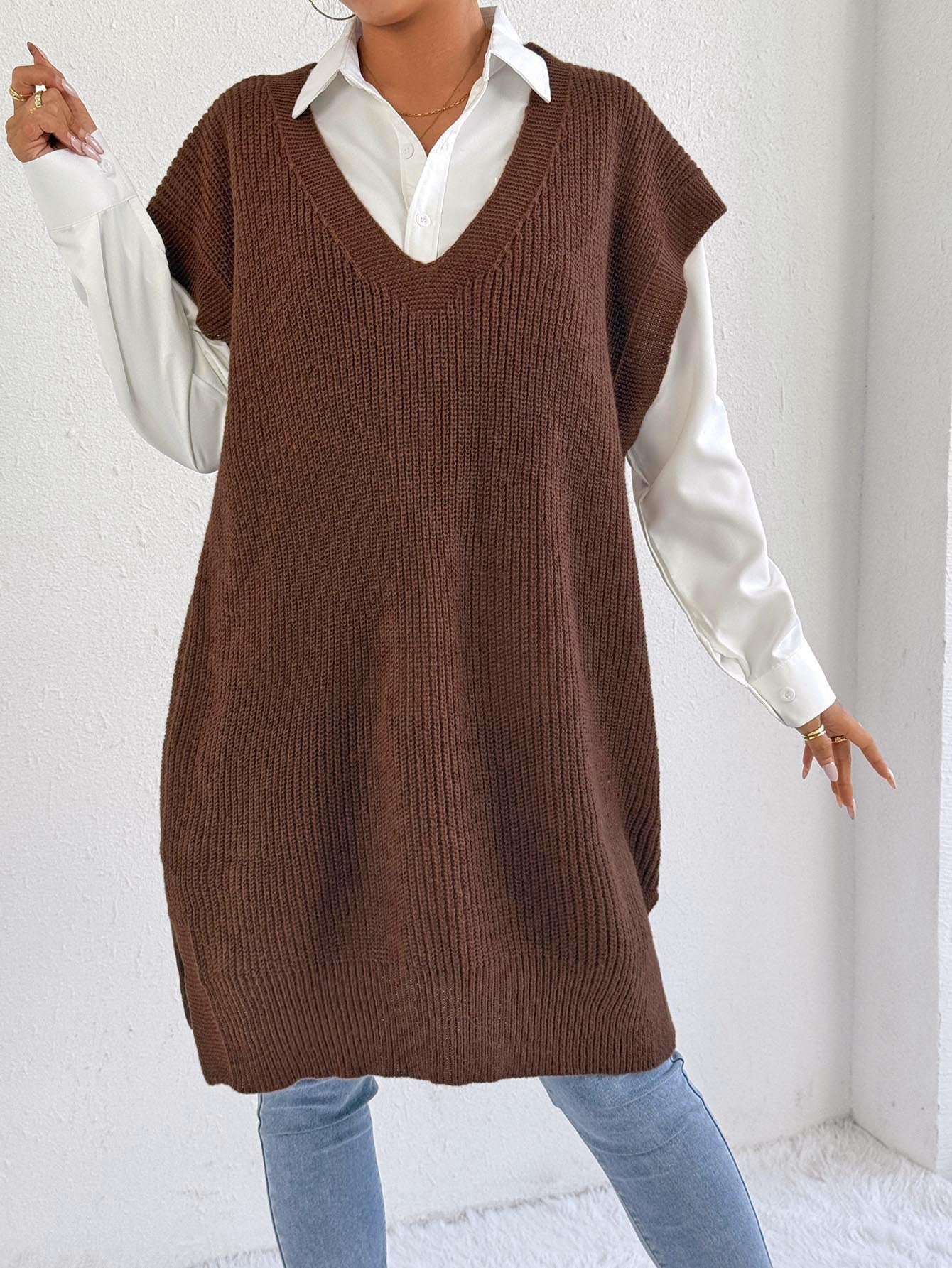 Lady's Open Front Vest, Mid-Length Knit Sweater Vest Dress with Deep V-Neck, Loose Casual Style (Without Belt)